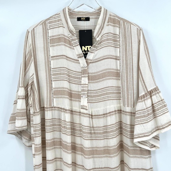 Boho Dress Woven pattern Stripe Tiered White Tan OS NWT - Picture 7 of 11